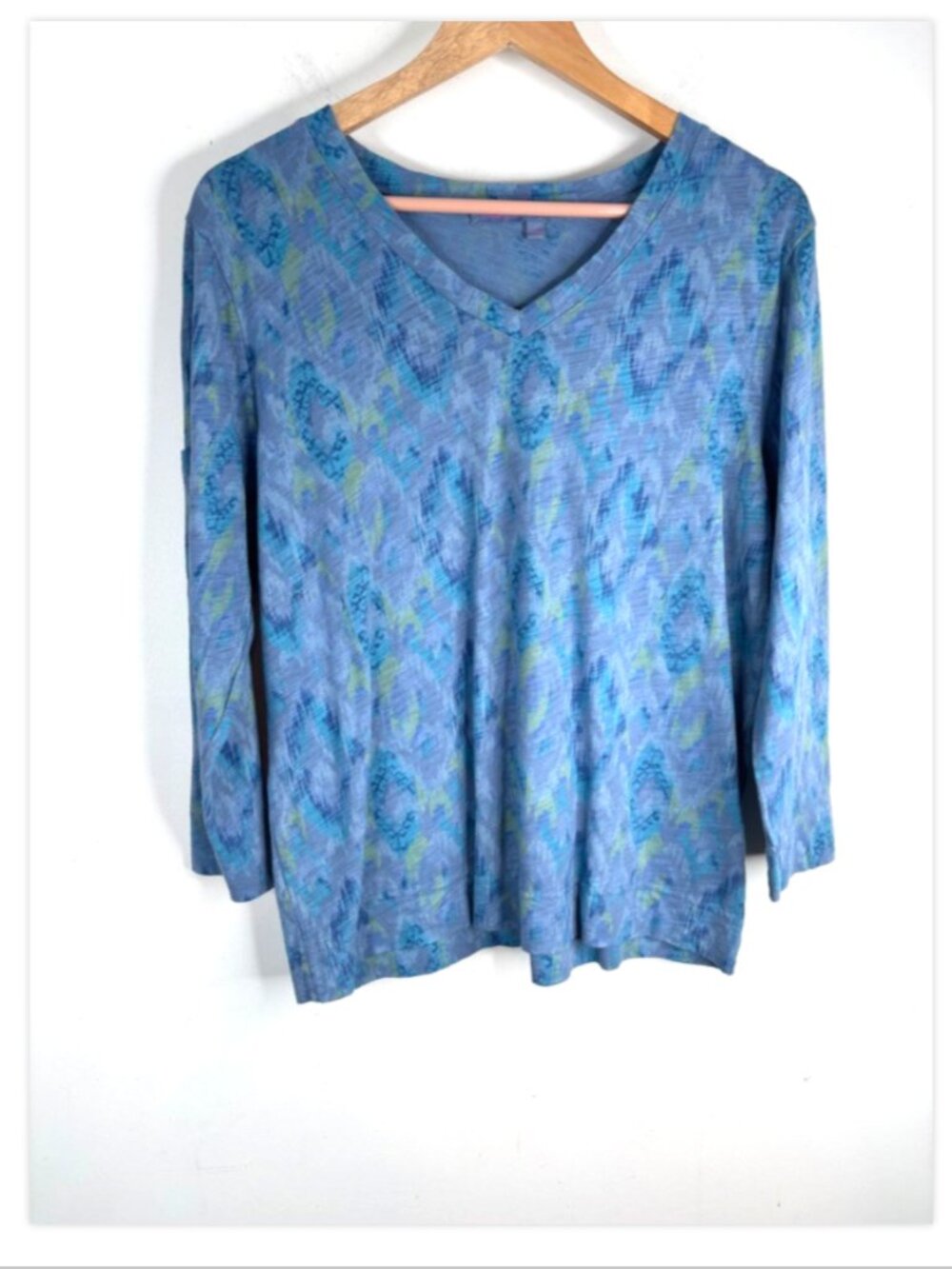 Fresh Produce Ikat Print Top XL 3/4 Sleeve Lagenlook Boho Artsy Beach USA Made